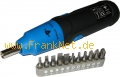 Das Set besteht aus 12 Teilen ( Stabschrauber und 11 Bits )
�ber die beiden Taster ist rechts und linkslauf m�glich.
Der Griff ist aus rutschfestem Kunststoff. 
Der Schauber ist zu betreiben mit 4 Akkus oder Batteriene ( AA Mignon) 
Durch standandart